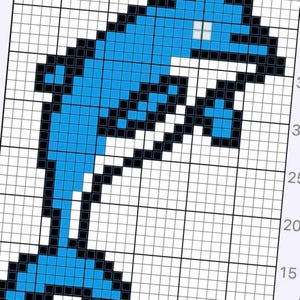 May include: A pixel art design of a blue dolphin jumping out of the water. The dolphin is outlined in black and has a white eye.