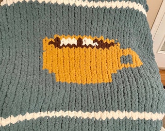 Chunky blanket knitting pattern of coffee and hot cocoa mug cup
