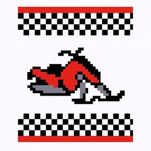 May include: Pixelated graphic of a red and black snowmobile on a white background. The design includes a checkered flag pattern in black and white, framed by red stripes at the top and bottom, creating a racing theme.