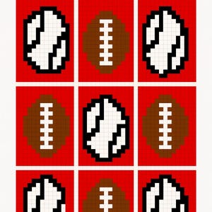 May include: A grid of nine squares, each containing a pixelated image of a football or a baseball. The footballs are brown with white laces, and the baseballs are white with black stitching. The background of each square is red.