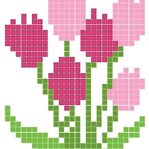 May include: A pixel art image of a bouquet of pink flowers with green stems and leaves.