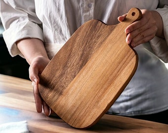 Tabla de queso de madera de Apacia con mango, tabla de servir de madera, pan y pizza, cortar fruta, tabla de cortar de madera