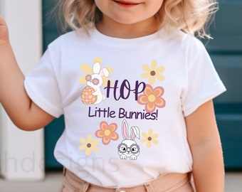 T-shirt per bambini retrò Hop Little Bunny, maglietta floreale carina per bambini, maglietta per bambini alla moda, regalo per i più piccoli, divertente maglietta per bambini Groovy, regalo per la figlia