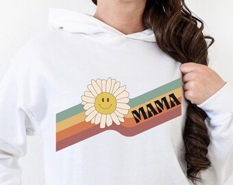 Sudadera con capucha de diseño gráfico de mamá retro, lindo regalo del día de la madre, ropa de primavera para mujeres, camisas gráficas vintage, sudadera floral fresca para mamás