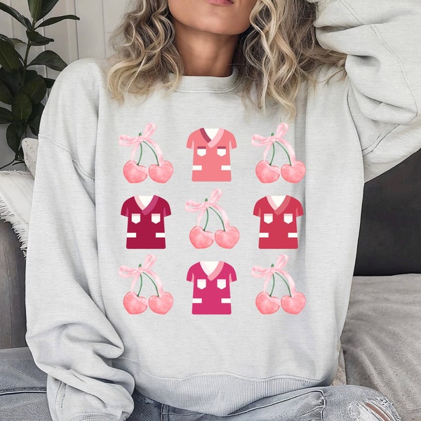 Cute Coquette Nurse Sweatshirt, Coquette Nursing Aesthetic, Pink Bows Graphic Crewneck, Spring Clothing for Her Trendy Cherry Coquette Shirt