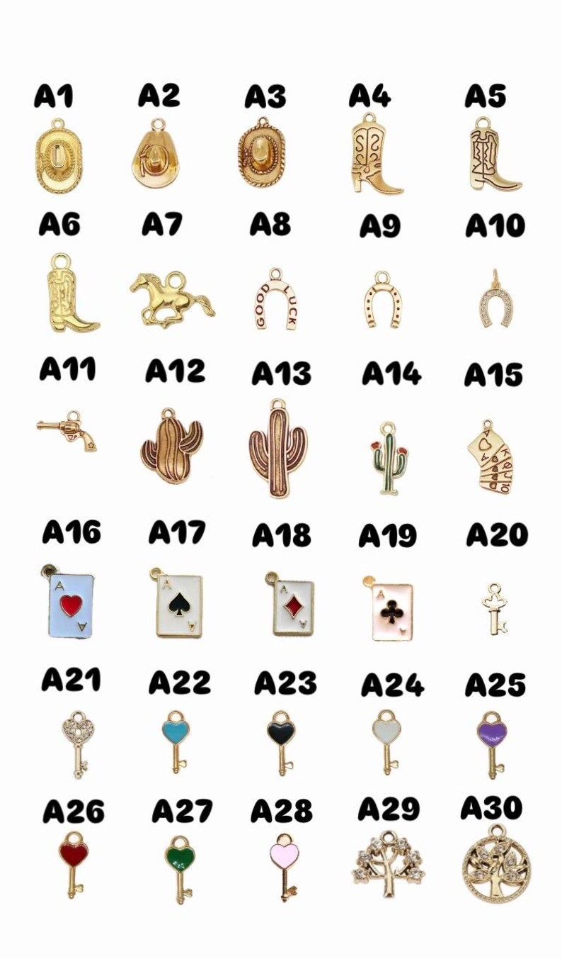 May include: A selection of gold-coloured charms, featuring cowboy boots, hats, horseshoes, cacti, playing cards, and keys. Each charm has a small loop for attaching to jewellery. The charms are labelled A1 to A30.
