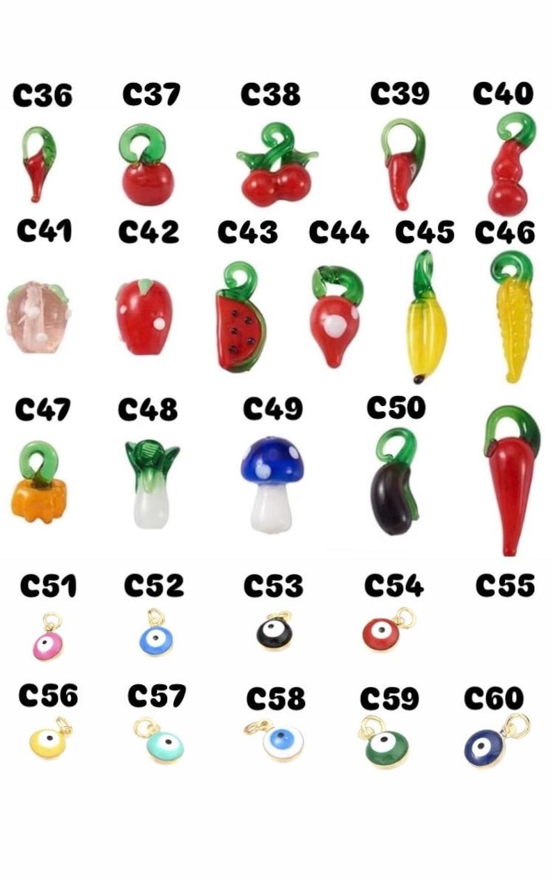 May include: A selection of colourful glass charms in various shapes, including fruits, vegetables, and eye-shaped designs. Each charm has a loop for attaching to jewellery or other crafts. The image includes the labels C36 through C60.