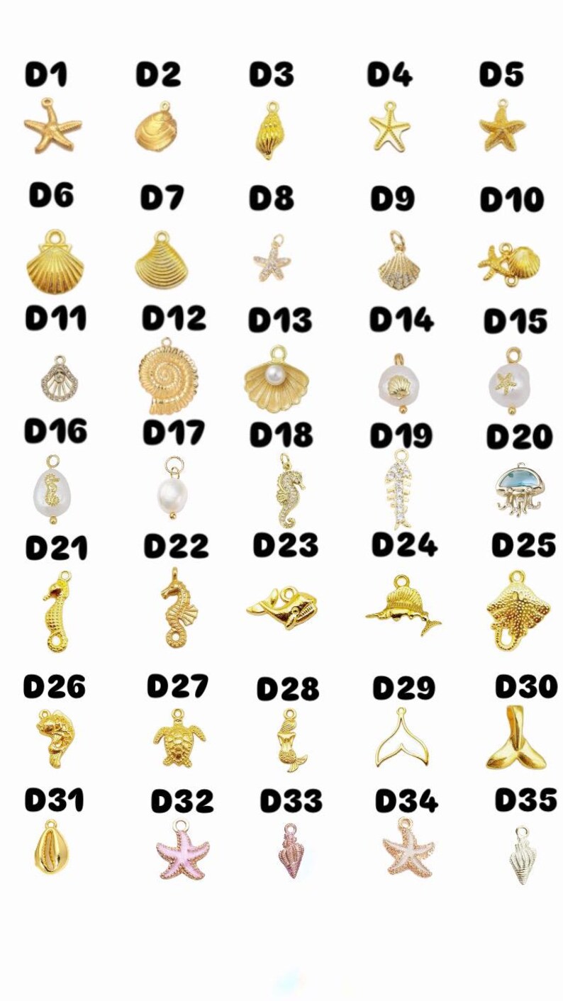 May include: A selection of gold-coloured charms featuring marine life designs. The charms include starfish, seashells, seahorses, and other sea creatures. Each charm is labelled with a number from D1 to D35.