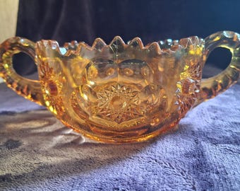 Vintage Amber Pressed Cut Glass Candy Bowl Two Handled Hobstar Sawtooth Edge