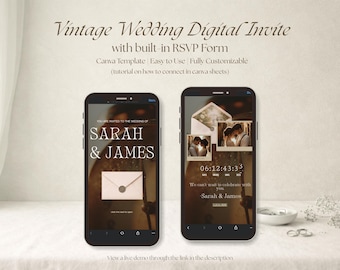 Sitio web vintage para guardar la fecha de boda / Plantilla elegante de Canva Descarga digital Invitación romántica RSVP