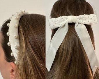 Handmade Bridal White Velvet Pearl Hair Accessory Bundle, 1 Headband and 1 Bow Hair Clip