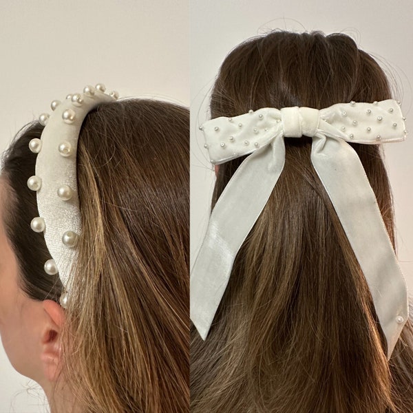 Handmade Bridal White Velvet Pearl Hair Accessory Bundle, 1 Headband and 1 Bow Hair Clip