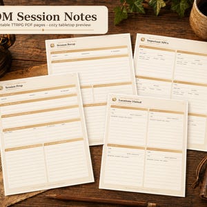 May include: Four white paper sheets with tan headers and lined sections for tabletop roleplaying game notes. The pages feature headings including Session Prep, Session Recap, Important NPCs, and Locations Visited, with a small lantern icon.