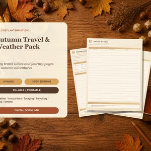 以下が含まれることがあります： The Cozy Lantern Studioによるデジタルダウンロード製品「Autumn Travel & Weather Pack」。6ページと3つのPDF版が含まれており、入力および印刷が可能です。天気、遭遇、採集、旅行記録などのセクションが記載されています。