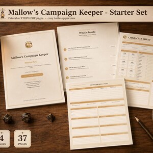 May include: A Mallow's Campaign Keeper Starter Set featuring printable TTRPG PDF pages. The set includes a title page, a What's Inside list, and character sheets with gold accents. Two small square cards display 4 PACKS and 37 PAGES.