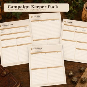 以下が含まれることがあります： ベージュとブラウンのアクセントが施された、印刷可能なTTRPG PDFページ4枚セットのキャンペーンキーパーパック。各シートには「Campaign Overview」「Party Roster」「The Big Bad」「Faction Tracker」のセクションがあり、見出しと罫線で整理されています。