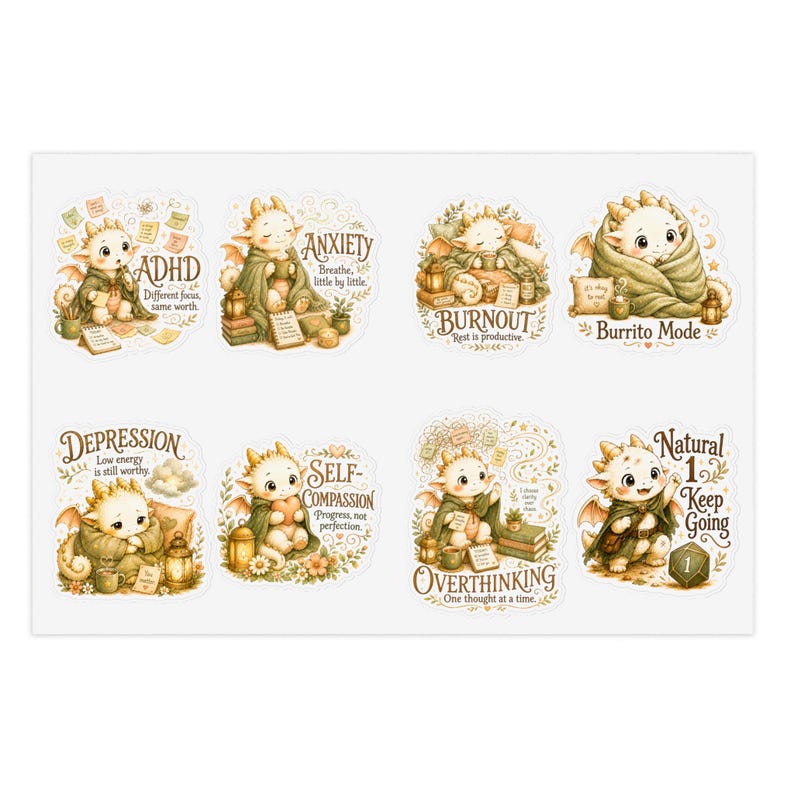Mallow Dragon Aufkleber für mentale Gesundheit | Cottagecore-Aufkleberbogen für ADHS, Angstzustände und Selbstfürsorge | Gemütliche Affirmationsaufkleber Bild 9