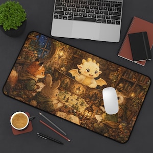 May include: A rectangular desk mat featuring a detailed illustration of a fox, a rabbit, an owl, and a small dragon gathered around a table with lanterns and books. The scene is set in a cozy, dimly lit room with shelves filled with various items.
