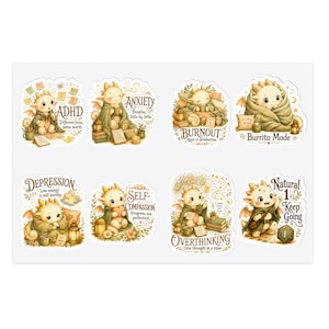 Mallow Dragon Aufkleber für mentale Gesundheit | Cottagecore-Aufkleberbogen für ADHS, Angstzustände und Selbstfürsorge | Gemütliche Affirmationsaufkleber Bild 1