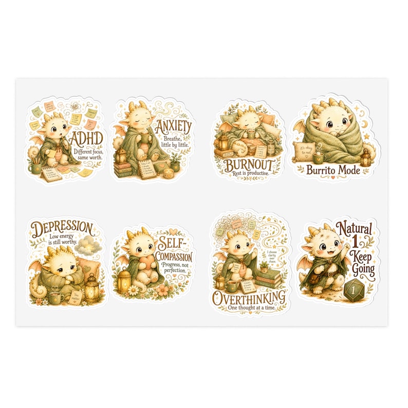 Mallow Dragon Aufkleber für mentale Gesundheit | Cottagecore-Aufkleberbogen für ADHS, Angstzustände und Selbstfürsorge | Gemütliche Affirmationsaufkleber Bild 1