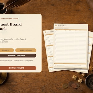 May include: A Quest Board Pack digital download set featuring five pages and three PDF editions. The cream-colored informational card displays the text The Cozy Lantern Studio, Quest Board Pack, Every job on the notice board, at a glance.