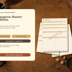 May include: Mallow's Campaign Keeper Dungeon Master Edition digital planner pages with session prep forms, quest boards, and combat tracking. The cream-colored interface features brown buttons and text, including 4 complete packs and 28 toolkit pages.