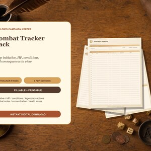 May include: A Mallow's Campaign Keeper Combat Tracker Pack featuring 7 tracker pages and 3 PDF editions. The document includes fields for initiative, HP, conditions, and notes. The text reads Fillable + Printable and Instant Digital Download.