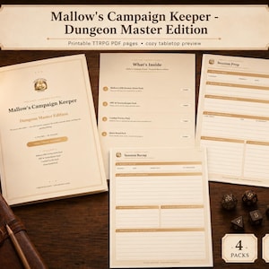 May include: Mallow's Campaign Keeper Dungeon Master Edition printable TTRPG PDF pages featuring a cover sheet, What's Inside list, Session Prep form, and Session Recap form. The documents are cream-colored with brown text and accents.