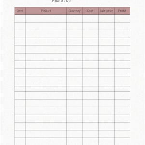 May include: A blank inventory log spreadsheet with columns for date, product, quantity, cost, sale price, and profit. The spreadsheet is on a white background with a subtle texture.