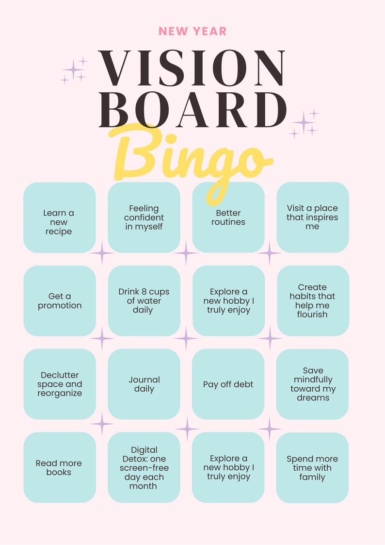 2026 Vision Board Bingo Game New Year’s Eve Party Activity Whimsical ...