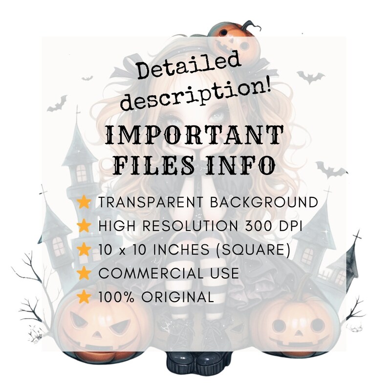 May include: A digital illustration of a girl with long blonde hair wearing a black dress and black boots. She is sitting on a pile of pumpkins in front of a spooky Halloween background. The text "IMPORTANT FILES INFO" is written in black on a white background. The text below includes information about the file, such as the background, resolution, size, and commercial use.