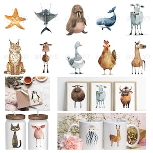 Pode incluir: Um conjunto de ilustra&ccedil;&otilde;es de aquarela que representam v&aacute;rios animais, incluindo uma estrela do mar, uma arraia, um urso-marinho, uma baleia, uma vaca, um lince, um camelo, um ganso, um galo, um cavalo, um pinguim, uma ovelha, uma vaca, um touro, uma &aacute;gua-viva, uma lhama, um gato e um porco. As ilustra&ccedil;&otilde;es est&atilde;o em um estilo caprichoso e seriam perfeitas para livros infantis, cart&otilde;es de felicita&ccedil;&atilde;o ou outros projetos criativos.