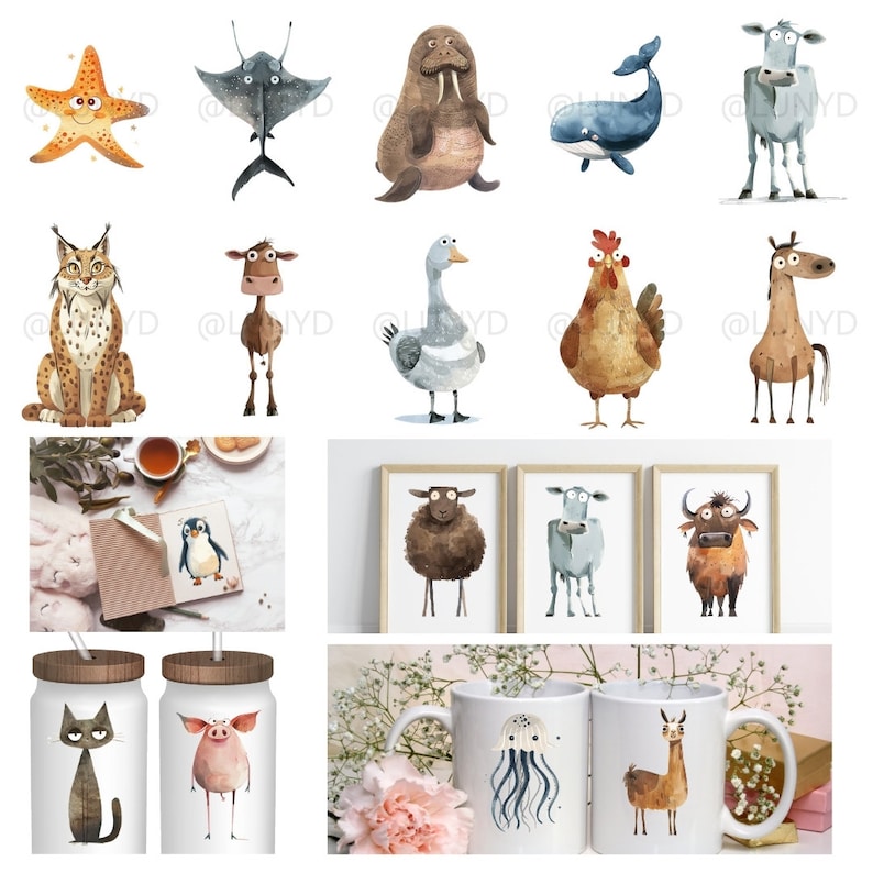 Pode incluir: Um conjunto de ilustra&ccedil;&otilde;es de aquarela que representam v&aacute;rios animais, incluindo uma estrela do mar, uma arraia, um urso-marinho, uma baleia, uma vaca, um lince, um camelo, um ganso, um galo, um cavalo, um pinguim, uma ovelha, uma vaca, um touro, uma &aacute;gua-viva, uma lhama, um gato e um porco. As ilustra&ccedil;&otilde;es est&atilde;o em um estilo caprichoso e seriam perfeitas para livros infantis, cart&otilde;es de felicita&ccedil;&atilde;o ou outros projetos criativos.