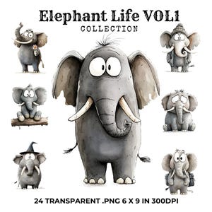 Elephant Cliparts VOL 1, Cute Baby Shower Decor, Digital Download, Nursery Art, Birthday Clipart, Elephant for Children’s Book Illustration