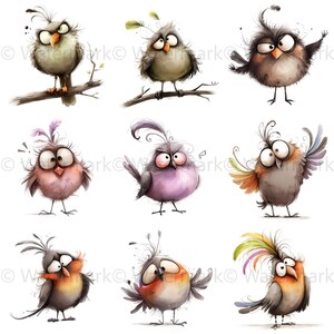 May include: Nine cartoon birds with different expressions and colors. The birds have large eyes, and some have feathers on their heads. The birds are drawn in a whimsical style.