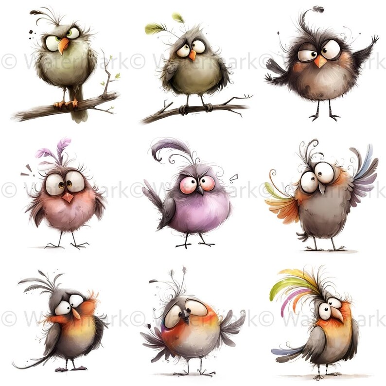 May include: Nine cartoon birds with different expressions and colors. The birds have large eyes, and some have feathers on their heads. The birds are drawn in a whimsical style.