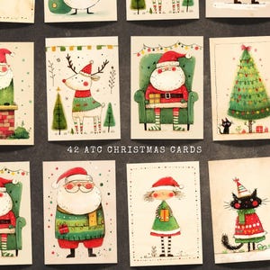 42 Cartões de Natal ATC de Papai Noel feitos à mão vintage, ilustrações fofas de feriado para scrapbooking, cartões comemorativos, arte digital