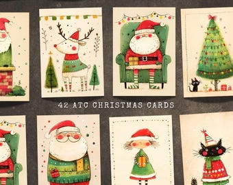 42 Vintage Hand-Drawn Ephemera Santa Claus Christmas ATC Cards, Cute Holiday Illustration for Scrapbooking, Greeting Cards, Digital Art