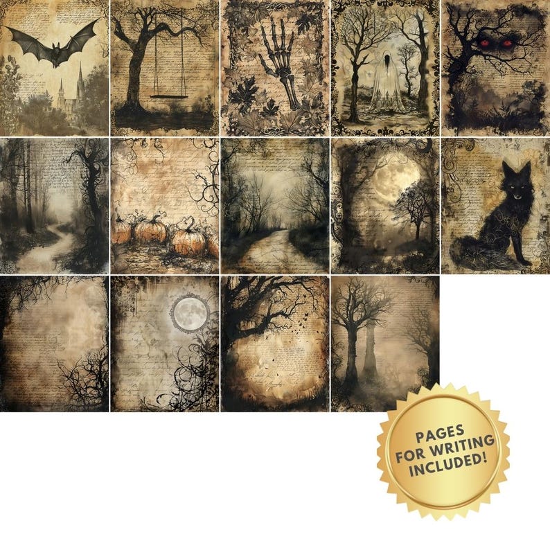 Pu&ograve; includere: Un set di 16 carte digitali stampabili con immagini a tema Halloween. Le carte sono progettate per assomigliare a vecchie pagine vintage con testo scritto a mano e illustrazioni di pipistrelli, zucche, alberi e altri elementi inquietanti. Le carte sono perfette per lo scrapbooking, la creazione di biglietti e altri progetti di artigianato.