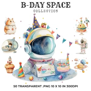 50 Geburtstag Weltraum Cliparts, Astronaut Clipart, digitaler Download, kommerzielle Nutzung, Planeten Clipart, Papiermodelle, Weltraum Aquarell, PNG