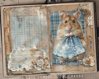 Puede incluir: Un diario vintage con un patrón a cuadros azul y blanco en la portada. El diario tiene un borde de encaje y una linda ilustración de un ratón sosteniendo una tela azul con estrellas. El texto "16 Lace Sewing Double Pages Junk Journal" está impreso en la parte inferior de la portada.