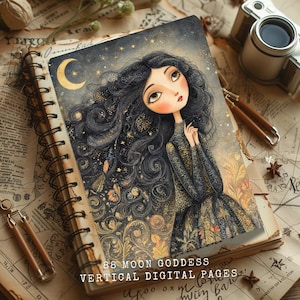 May include: Spiral-bound notebook featuring a whimsical illustration of a moon goddess with long black hair, a crescent moon, and stars. The notebook has the text "88 MOON GODDESS VERTICAL DIGITAL PAGES". The artwork is set against a dark, starry background.