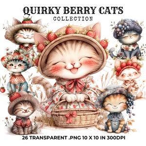 26 Quirky Berry Cats Clipart Bundle, Funny Cat Clipart, Digital Download, Cute Kitten Clipart, Paper Craft, Trending Clipart, PNG
