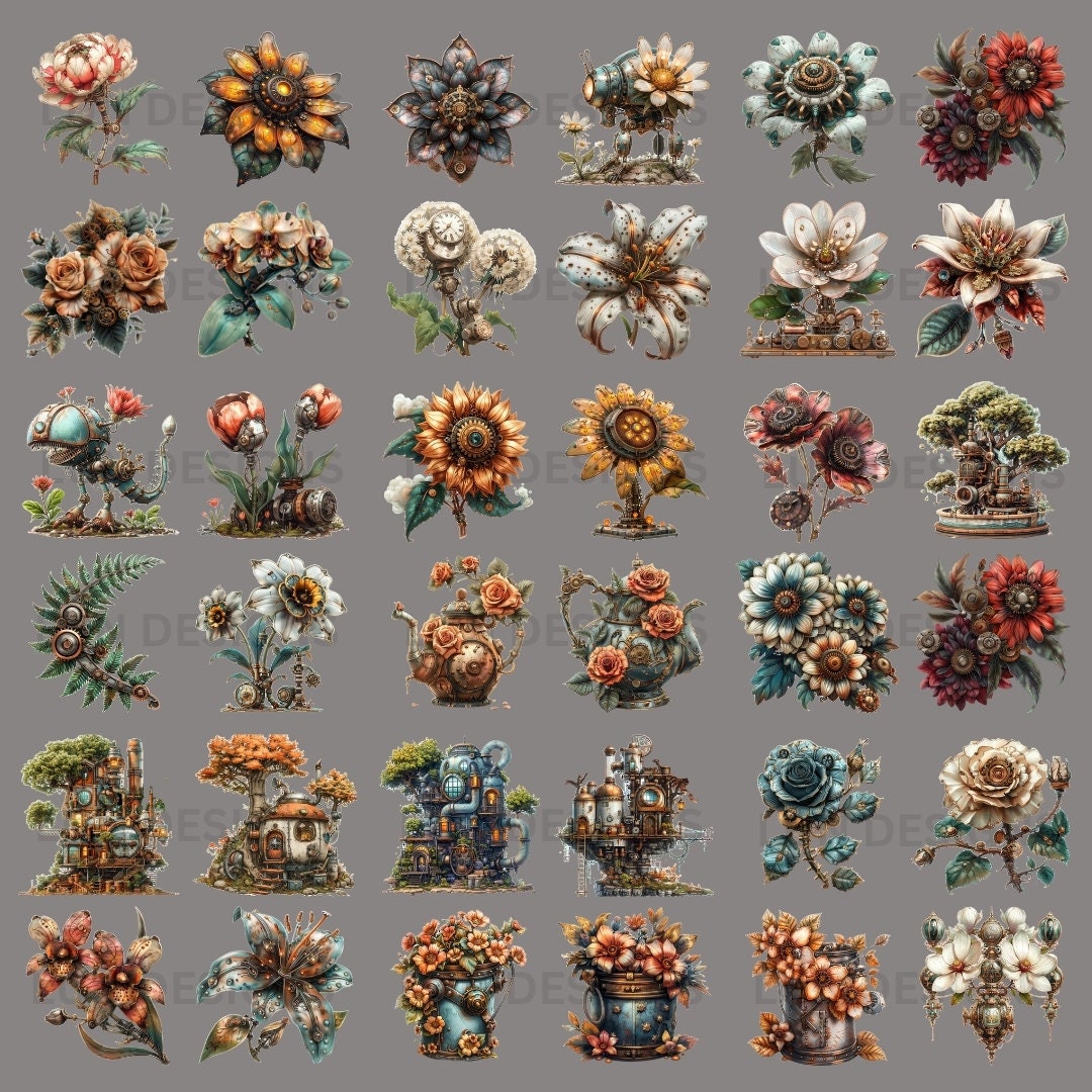 50 Steampunk Flowers Cliparts,steampunk Clipart, Digital Download ...