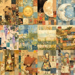 K&ouml;nnte beinhalten: Ein farbenfroher Patchwork-Deckenbezug mit verschiedenen Bildern, darunter ein L&ouml;we, Sonne, Mond, Blumen, ein B&auml;r, ein Zwerg und zwei M&auml;dchen, die K&ouml;rbe mit Blumen halten.