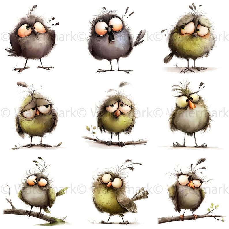 May include: Nine cartoon birds with different expressions, some with wide eyes and others with closed eyes. The birds are drawn in a whimsical style with exaggerated features and are set against a white background.