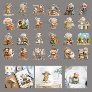 May include: A set of 18 digital illustrations featuring watercolor-style images of elderly people in various settings. The illustrations are perfect for creating greeting cards, scrapbooking, or other craft projects.