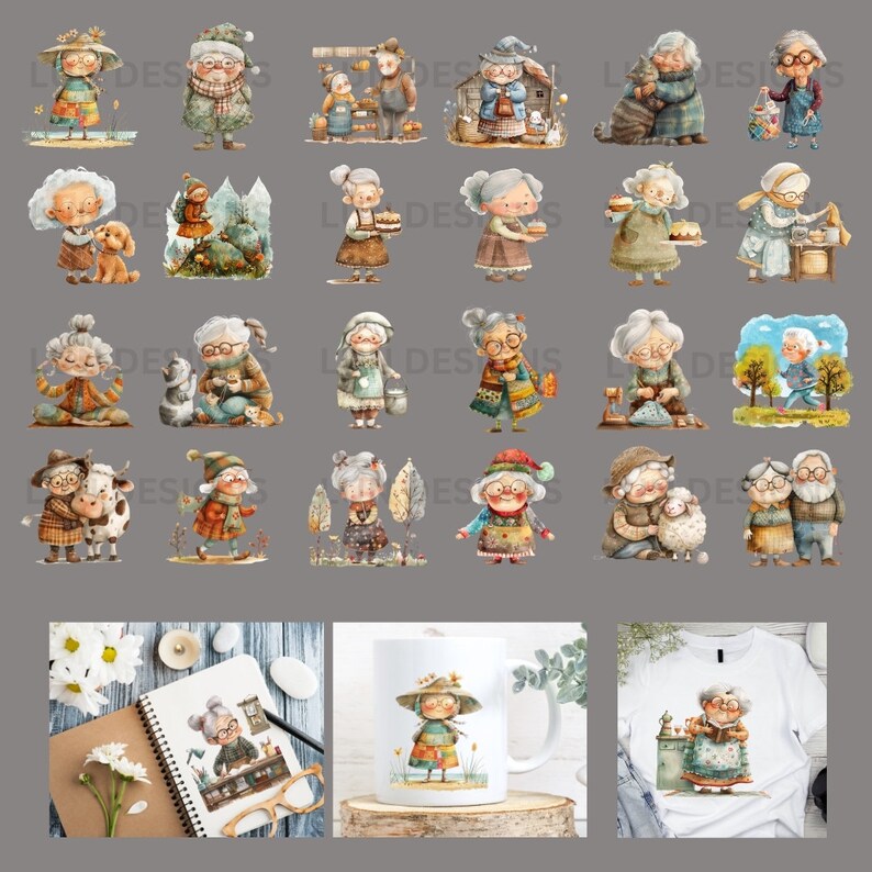 May include: A set of 18 digital illustrations featuring watercolor-style images of elderly people in various settings. The illustrations are perfect for creating greeting cards, scrapbooking, or other craft projects.