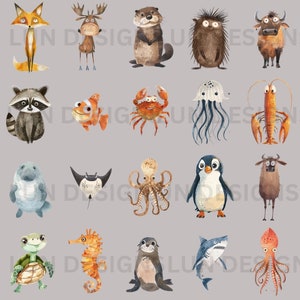 Pode incluir: Uma cole&ccedil;&atilde;o de 20 ilustra&ccedil;&otilde;es de aquarela de v&aacute;rios animais, incluindo uma raposa, um alce, uma lontra, um ouri&ccedil;o, um touro, um guaxinim, um peixe, um caranguejo, uma &aacute;gua-viva, uma lagosta, um peixe-boi, uma arraia, um polvo, um pinguim, um b&uacute;falo de &aacute;gua, uma tartaruga, um cavalo-marinho, uma foca, um tubar&atilde;o e um polvo.