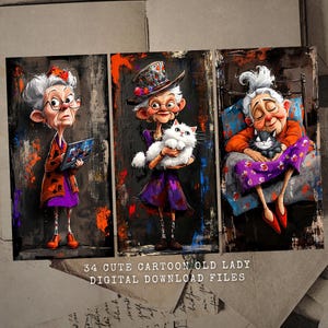 Cute Cartoon Old Lady Junk Journal Pages - Printable JPEGs - Instant Download - Cute Elderly Woman Caricature Tags - Cute Old Woman Ephemera